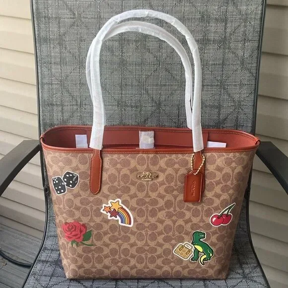 Coach City Tote Bag Purse In Signature Canvas With Sticker Print Rexy - Picture 3 of 10
